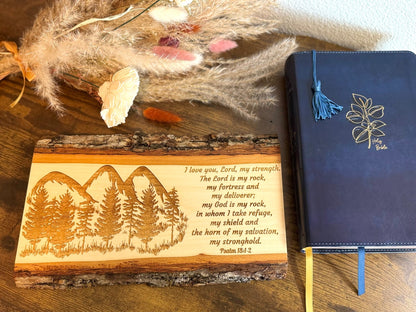 Mountain & Forest Sign, Christian Wall Art, Handmade Basswood Decor, Rustic Scripture Gift, Psalm 18:1 - 2 God is My Rock, For Couples, Cabins - HisWord Designs