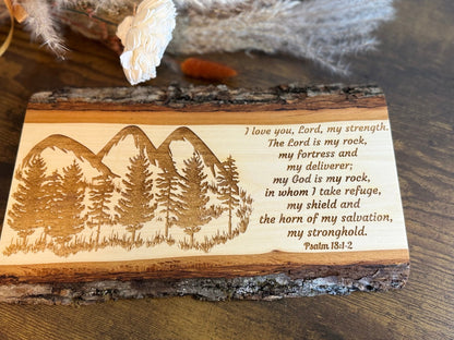 Mountain & Forest Sign, Christian Wall Art, Handmade Basswood Decor, Rustic Scripture Gift, Psalm 18:1 - 2 God is My Rock, For Couples, Cabins - HisWord Designs