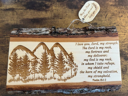 Mountain & Forest Sign, Christian Wall Art, Handmade Basswood Decor, Rustic Scripture Gift, Psalm 18:1 - 2 God is My Rock, For Couples, Cabins - HisWord Designs