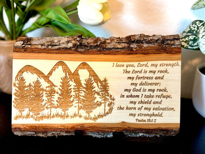 Mountain & Forest Sign, Christian Wall Art, Handmade Basswood Decor, Rustic Scripture Gift, Psalm 18:1 - 2 God is My Rock, For Couples, Cabins - HisWord Designs