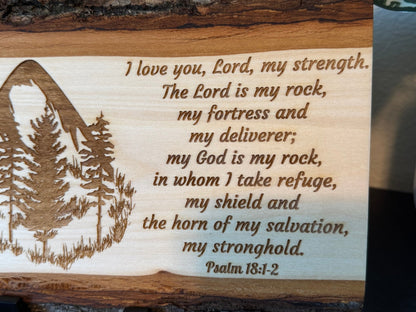 Mountain & Forest Sign, Christian Wall Art, Handmade Basswood Decor, Rustic Scripture Gift, Psalm 18:1 - 2 God is My Rock, For Couples, Cabins - HisWord Designs