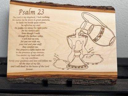 Psalm 23 Live Edge Wood Sign, Christian Wood Wall Art, Hand - Drawn Scripture Decor, Overflowing Cup, Gift for Prayer Room, Pastor or Couple - HisWord Designs