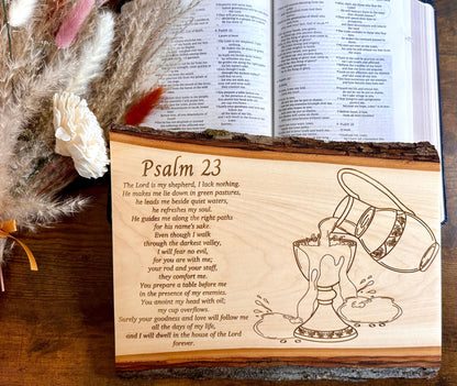 Psalm 23 Live Edge Wood Sign, Christian Wood Wall Art, Hand - Drawn Scripture Decor, Overflowing Cup, Gift for Prayer Room, Pastor or Couple - HisWord Designs