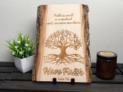 Have Faith Live Edge Wood Sign, Luke 17:6, Christian Wall Art, Handmade Basswood Decor, Spiritual Gift for Prayer Room, Pastor or Couple - His Word Designs