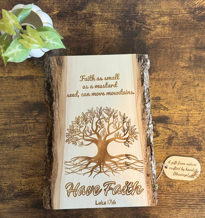 Have Faith Live Edge Wood Sign, Luke 17:6, Christian Wall Art, Handmade Basswood Decor, Spiritual Gift for Prayer Room, Pastor or Couple - His Word Designs