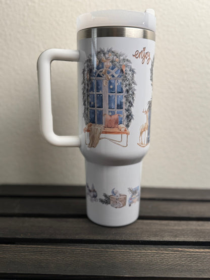 40 oz Christmas Cup – Cozy Blue “Tis the Season” Reindeer Holiday Tumbler with Handle - HisWord Designs