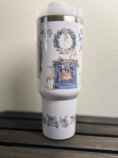 40 oz Christmas Cup – Cozy Blue “Tis the Season” Reindeer Holiday Tumbler with Handle - HisWord Designs