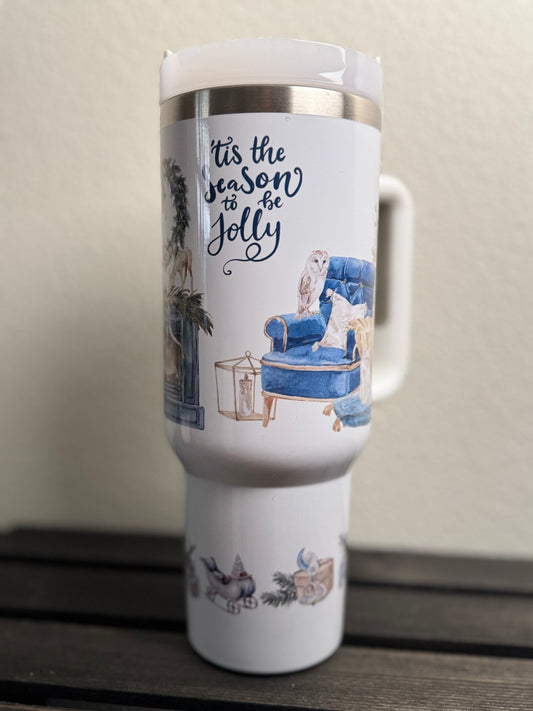 40 oz Christmas Cup – Cozy Blue “Tis the Season” Reindeer Holiday Tumbler with Handle - HisWord Designs