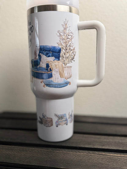 40 oz Christmas Cup – Cozy Blue “Tis the Season” Reindeer Holiday Tumbler with Handle - HisWord Designs