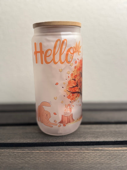 Hello Fall – 16 oz Frosted Glass Can with Lid & Straw – Autumn Tree, Puppy & Acorns Design - HisWord Designs