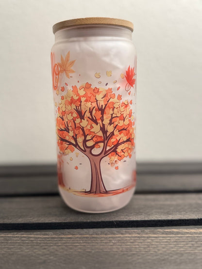 Hello Fall – 16 oz Frosted Glass Can with Lid & Straw – Autumn Tree, Puppy & Acorns Design - HisWord Designs