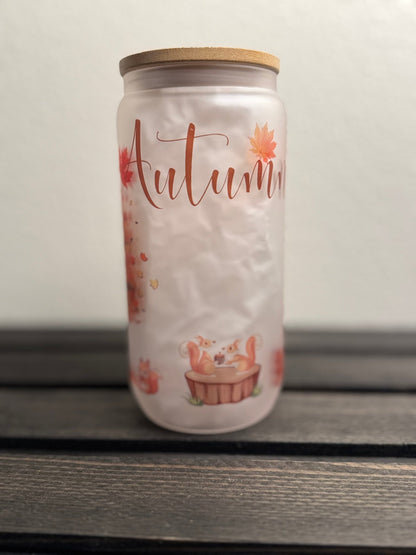 Hello Fall – 16 oz Frosted Glass Can with Lid & Straw – Autumn Tree, Puppy & Acorns Design - HisWord Designs