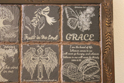 Rock Slates Embedded Frame Christian Wall Art – Handmade Engraved Wood Sign, Rustic Religious Home Decor - HisWord Designs