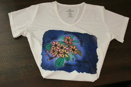 Be Still & Know Women’s V - Neck T-Shirt – Psalm 46:10 Floral Faith Design - HisWord Designs