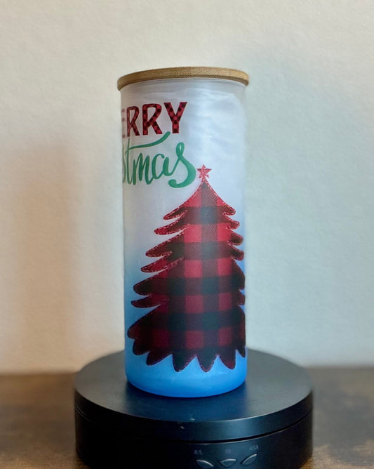 "Merry Christmas” 20 oz Frosted Libbey Glass Can – Christmas Tree and Reindeer - HisWord Designs