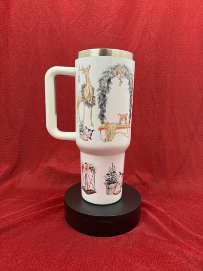 Christmas Cozy Cottage Tumbler with Fireplace & Reindeer – 40 oz Travel Mug with Handle - HisWord Designs