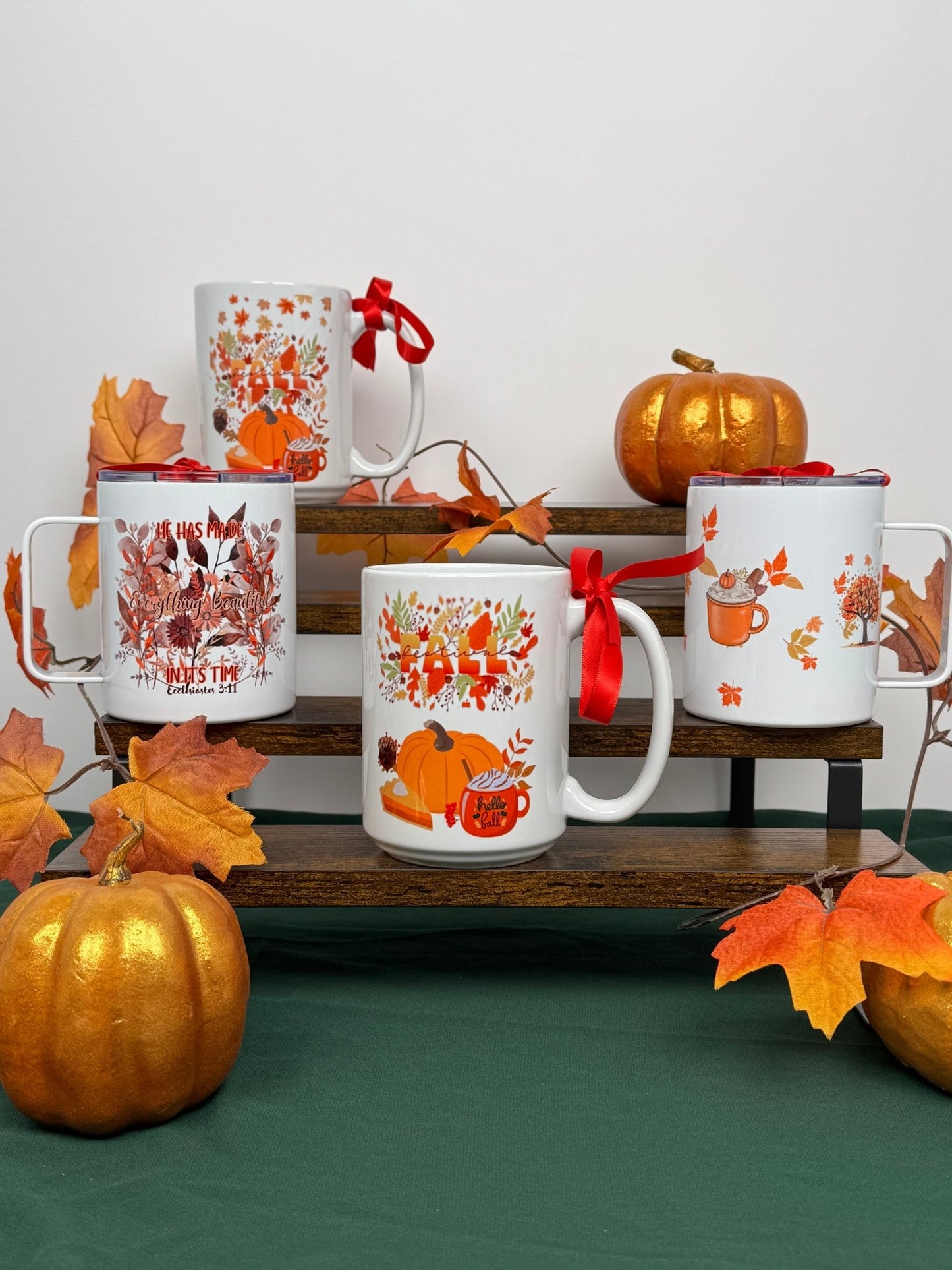 Hello Fall – 15 oz Ceramic Mug with Pumpkins, Leaves & Pie Design – Cozy Autumn Vibes - HisWord Designs