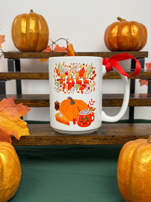 Hello Fall – 15 oz Ceramic Mug with Pumpkins, Leaves & Pie Design – Cozy Autumn Vibes - HisWord Designs