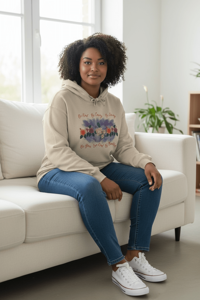 "Be Kind · Be Caring · Be Loving · Be Your · Own Kind · Of Beautiful" floral hoodie - HisWord Designs