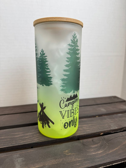 "Adventure Awaits” 20 oz Frosted Libbey Glass Can – Forest Camping Scene - HisWord Designs
