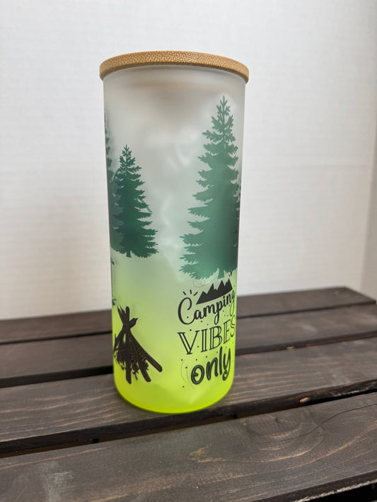 "Adventure Awaits” 20 oz Frosted Libbey Glass Can – Forest Camping Scene - HisWord Designs