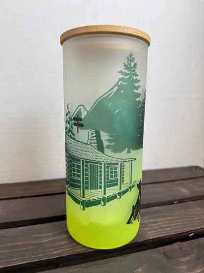 "Adventure Awaits” 20 oz Frosted Libbey Glass Can – Forest Camping Scene - HisWord Designs