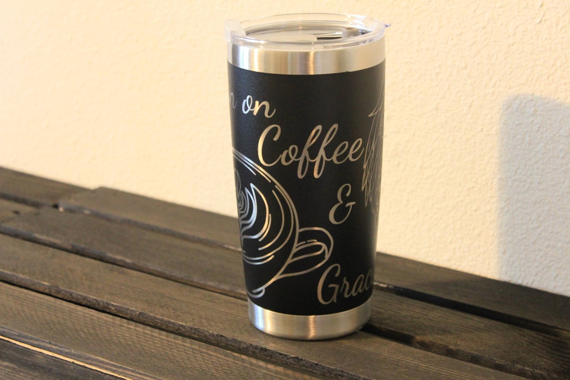 I Run on Grace and Coffee – 20 oz Black Engraved Faith & Coffee Tumbler - HisWord Designs