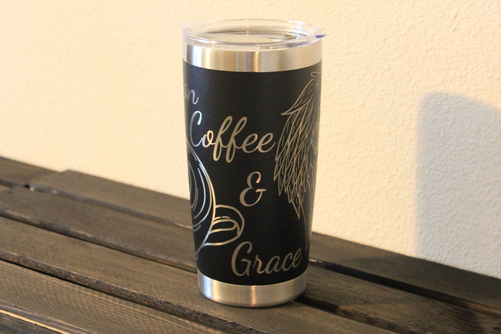 I Run on Grace and Coffee – 20 oz Black Engraved Faith & Coffee Tumbler - HisWord Designs