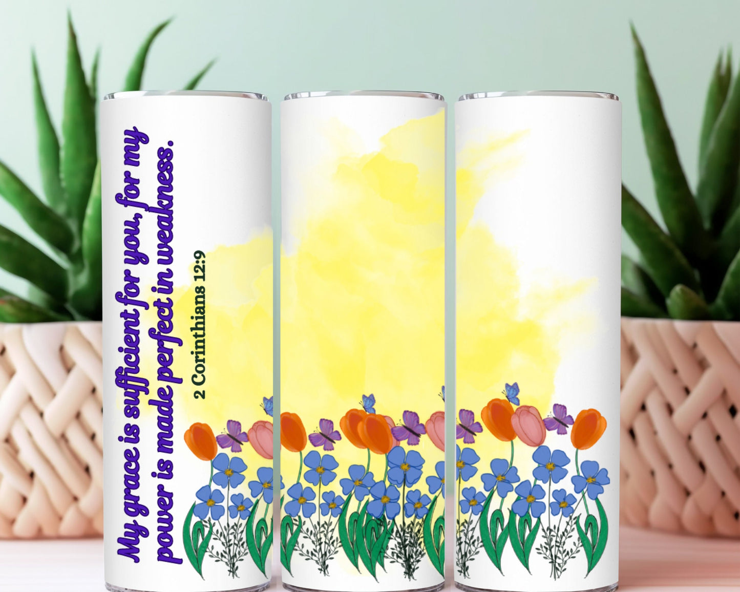 Grace and Floral Bliss 20oz Skinny Tumbler – Inspirational Scripture Design