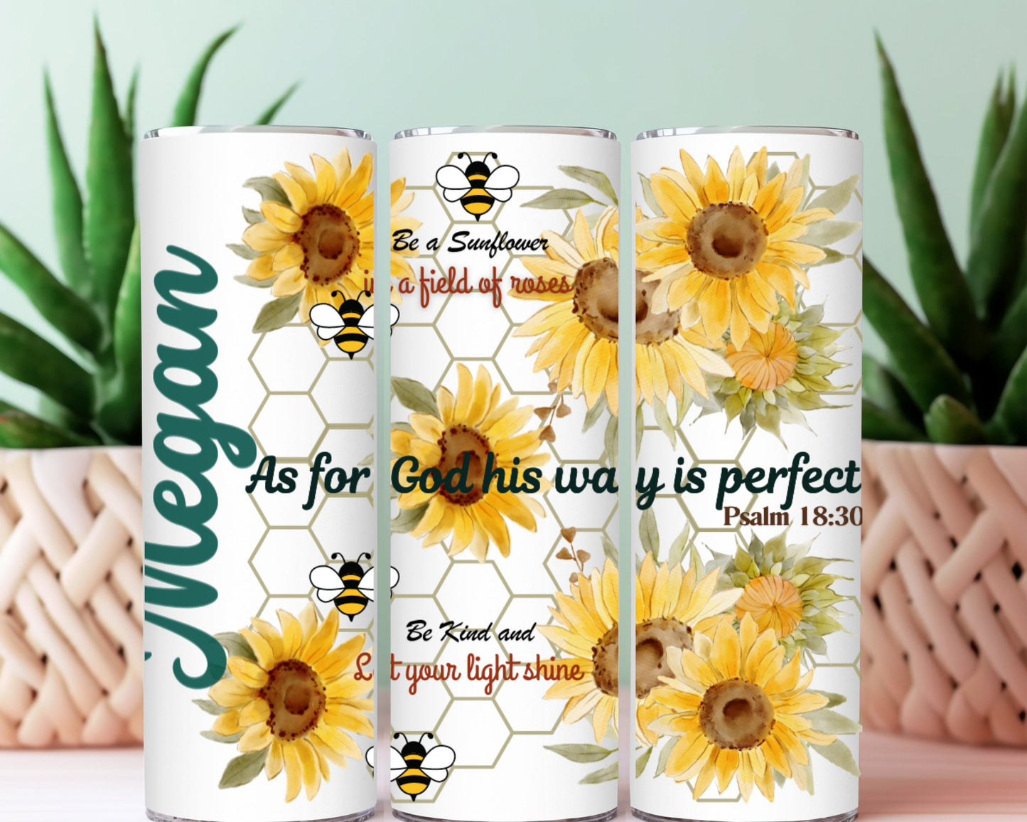 Personalized Tumbler, Sunflowers & Bees Tumbler, Scripture Tumbler, 20 oz Skinny Tumbler, Sunflowers, Honey Bees, Trendy Tumblers