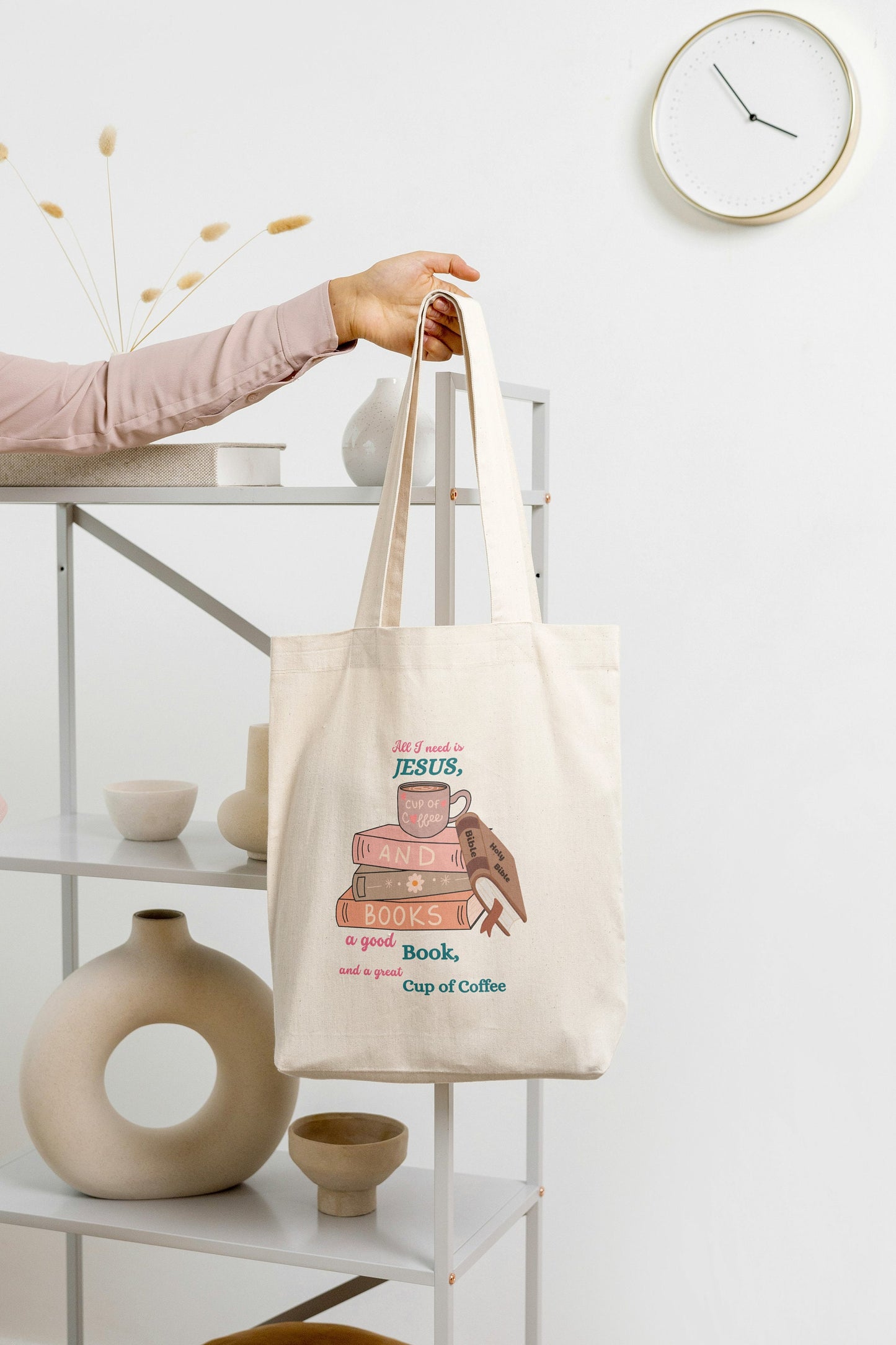 Christian Tote Bag, Jesus and Books, Coffee Lovers, Book Lovers, Church Bag, Beach bag, Library Bag, Reusable Bag, Cute Totes, Jesus Tote