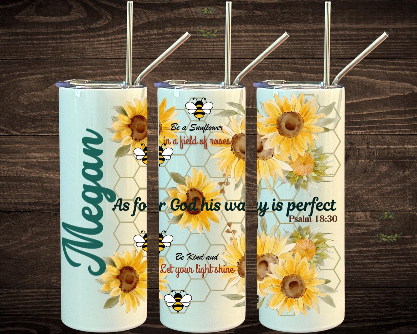 Personalized Tumbler, Sunflowers & Bees Tumbler, Scripture Tumbler, 20 oz Skinny Tumbler, Sunflowers, Honey Bees, Trendy Tumblers