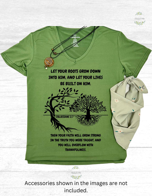 Women's V-Neck T-Shirt,'Rooted in Faith' Design, Religious Shirt, Inspirational Shirt, Gifts for Women, T-shirt for women, Faith Shirts