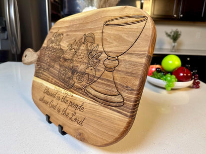 XL Teak Wood Serving Board – Psalm 144:15 Engraved,Religious Gifts,Faith - Based Charcuterie Board,Handcrafted, Hand - drawn,Housewarming Gifts - HisWord Designs