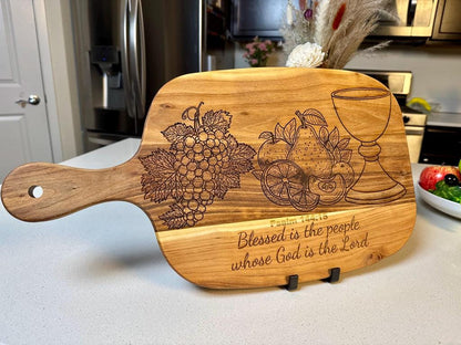 XL Teak Wood Serving Board – Psalm 144:15 Engraved,Religious Gifts,Faith - Based Charcuterie Board,Handcrafted, Hand - drawn,Housewarming Gifts - HisWord Designs