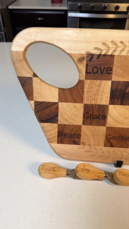 Engraved Wooden Cheese Board Set – Faith - Based Charcuterie Board with Inspirational Words – Christian Housewarming Gift, Custom Cheese Tray - HisWord Designs