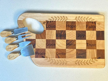 Engraved Wooden Cheese Board Set – Faith - Based Charcuterie Board with Inspirational Words – Christian Housewarming Gift, Custom Cheese Tray - HisWord Designs