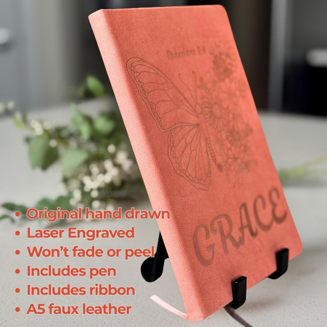 Butterfly and floral A5 prayer journal, Christian notebook featuring Bible verses, faith-themed journaling gift, faith-based stationary by HisWord Designs.