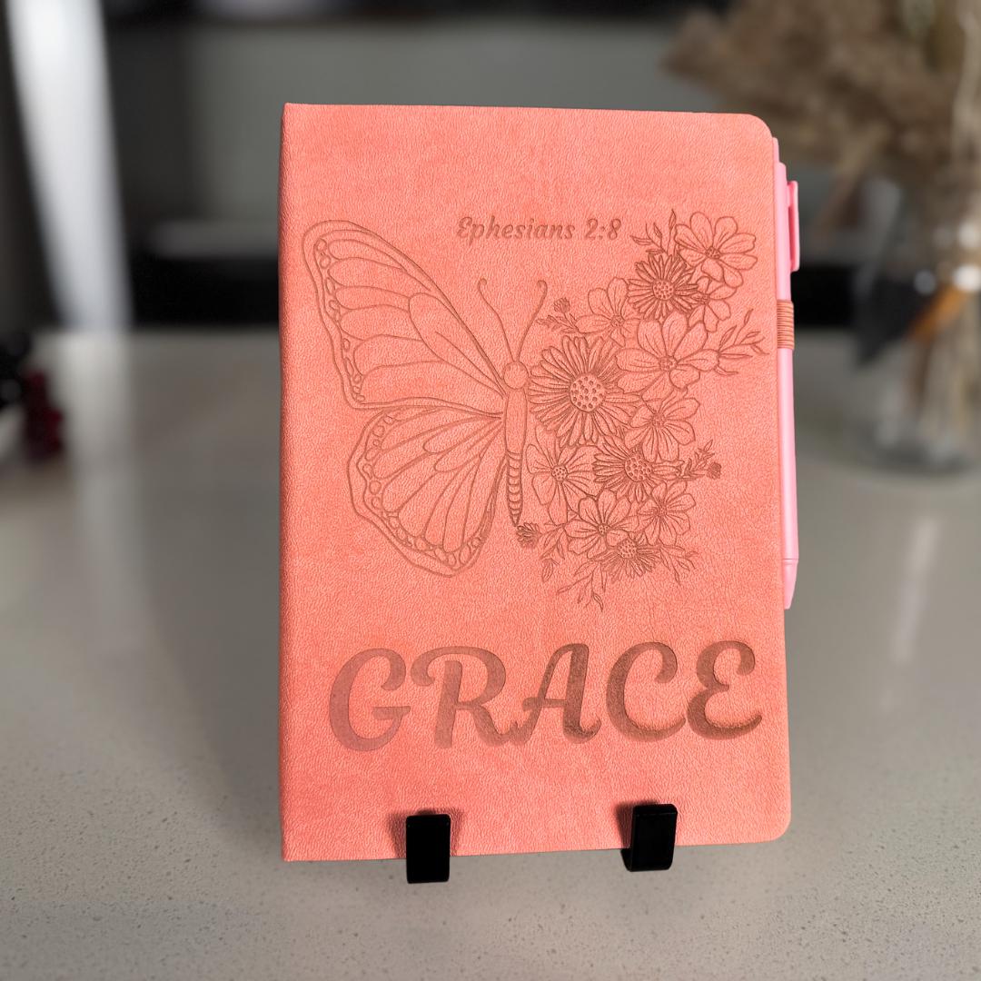 Interior pages of scripture notebook, open A5 Christian prayer journal with butterfly motif, Bible verse prompts, inspirational study journal by HisWord Designs.