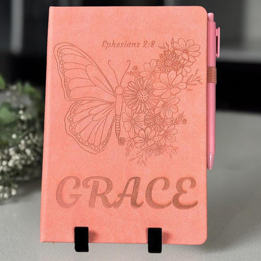 A5 Christian prayer journal with butterfly and floral cover, scripture notebook with Bible verses, inspirational faith gift for women by HisWord Designs.