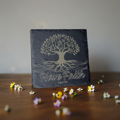 Christian Coasters Set of 4 – Scripture Engraved Slate | Bible Verse Gift | Faith Home Decor | Housewarming Christian Gifts - HisWord Designs