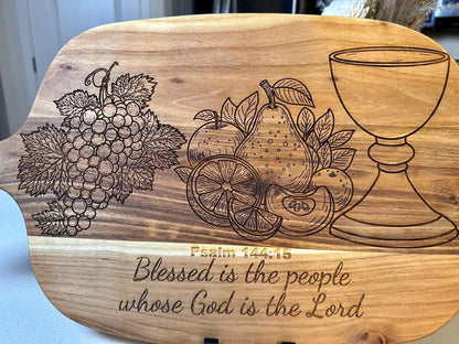 XL Teak Wood Serving Board – Psalm 144:15 Engraved,Religious Gifts,Faith - Based Charcuterie Board,Handcrafted, Hand - drawn,Housewarming Gifts - HisWord Designs