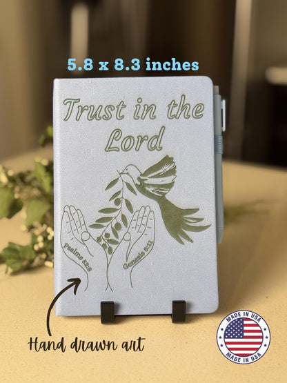 Personalized Christian Gift, Trust in the Lord Prayer Notebook, Hand - Drawn Bible Verse Journal, Laser Engraved Faux Leather devotional book - HisWord Designs