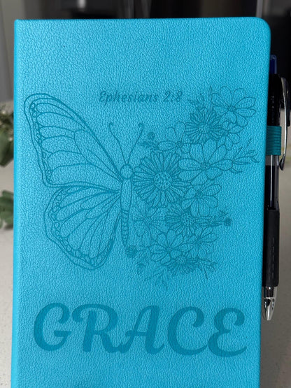 Personalized Faith Journal with Bible Verse – Blue Leather Prayer Journal with Pen, Christian Gifts, Butterfly Books, Grace journal - HisWord Designs