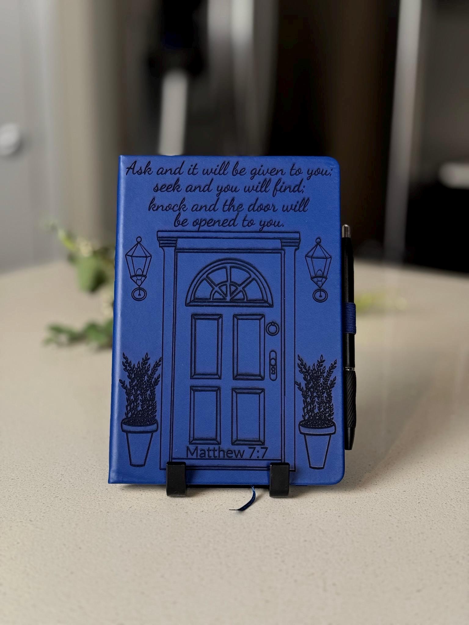 Custom Engraved Journal, Knock and the Door Will Be Opened, Blue Prayer notebook with Pen, Bible Verse Christian Gift for Men & Women - HisWord Designs