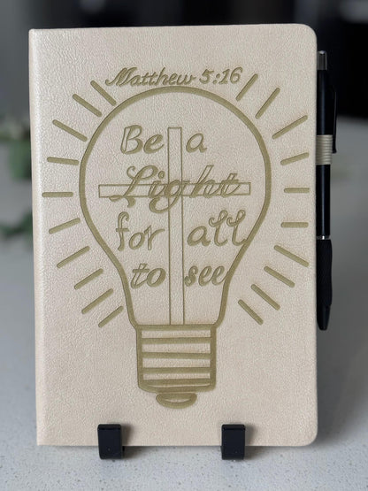 Personalized Christian Engraved Journal, Matthew 5:16, Be a Light for All to See, Scripture Notebook with Bible Verses, Bible Study Gift - HisWord Designs
