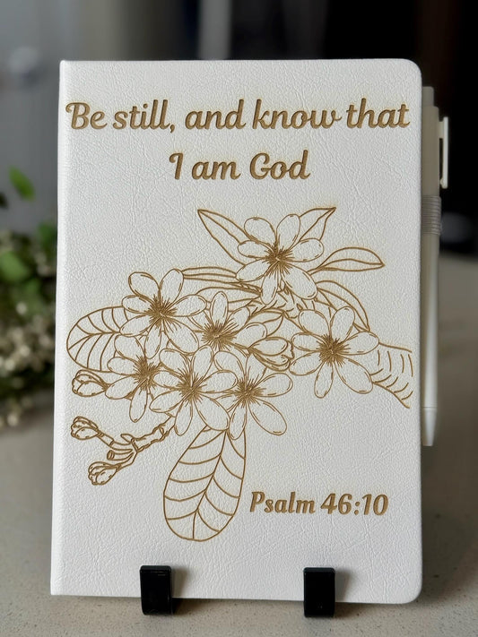 Be Still and Know Laser - Engraved Custom Journal, Psalm 46:10, Bible Verse Journal, White Prayer Journal, Christian Gift for Women - HisWord Designs