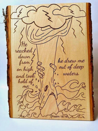Christian Wall Art – Psalm 18:16 Live Edge Wood Sign | Religious Home Decor & Adult Baptism Gift - HisWord Designs