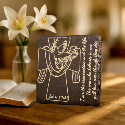 Christian Coasters Set of 4 – Scripture Engraved Slate | Bible Verse Gift | Faith Home Decor | Housewarming Christian Gifts| Hand - drawn art - HisWord Designs