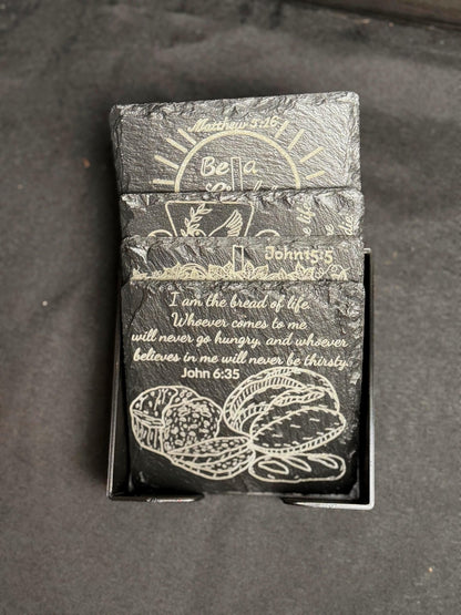 Christian Coasters Set of 4 – Scripture Engraved Slate | Bible Verse Gift | Faith Home Decor | Housewarming Christian Gifts| Hand - drawn art - HisWord Designs